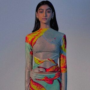 Ru by Rupal Fire Print Mesh Twist Top Long Sleeve Abstractm